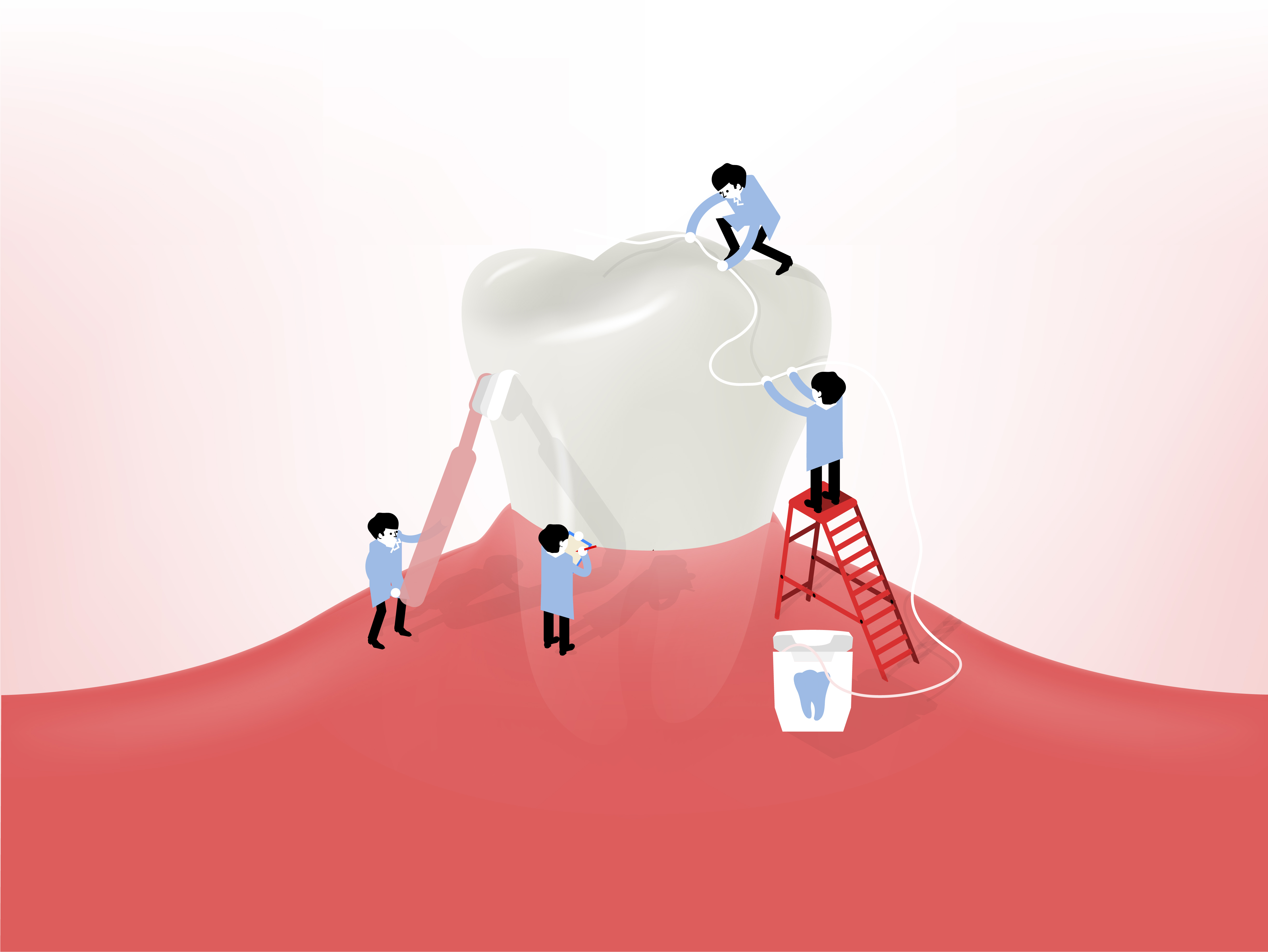 Cartoon of 4 people cleaning a huge tooth