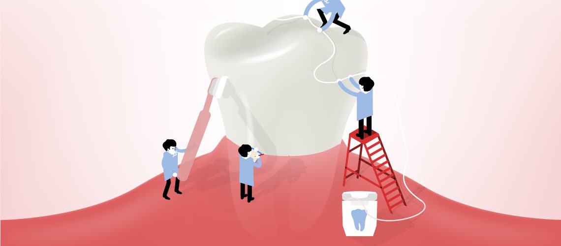 Cartoon of 4 people cleaning a huge tooth